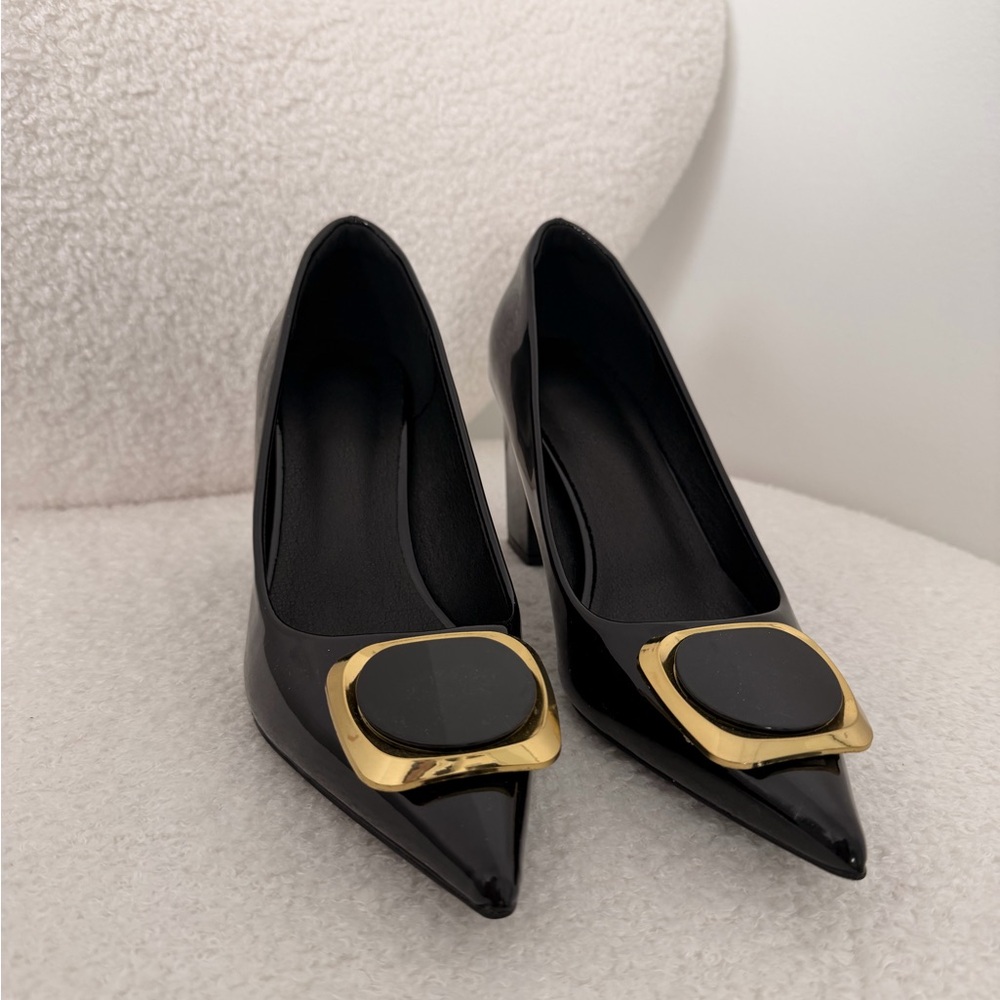 Black Patent Pointed Toe Pumps with Gold Accent